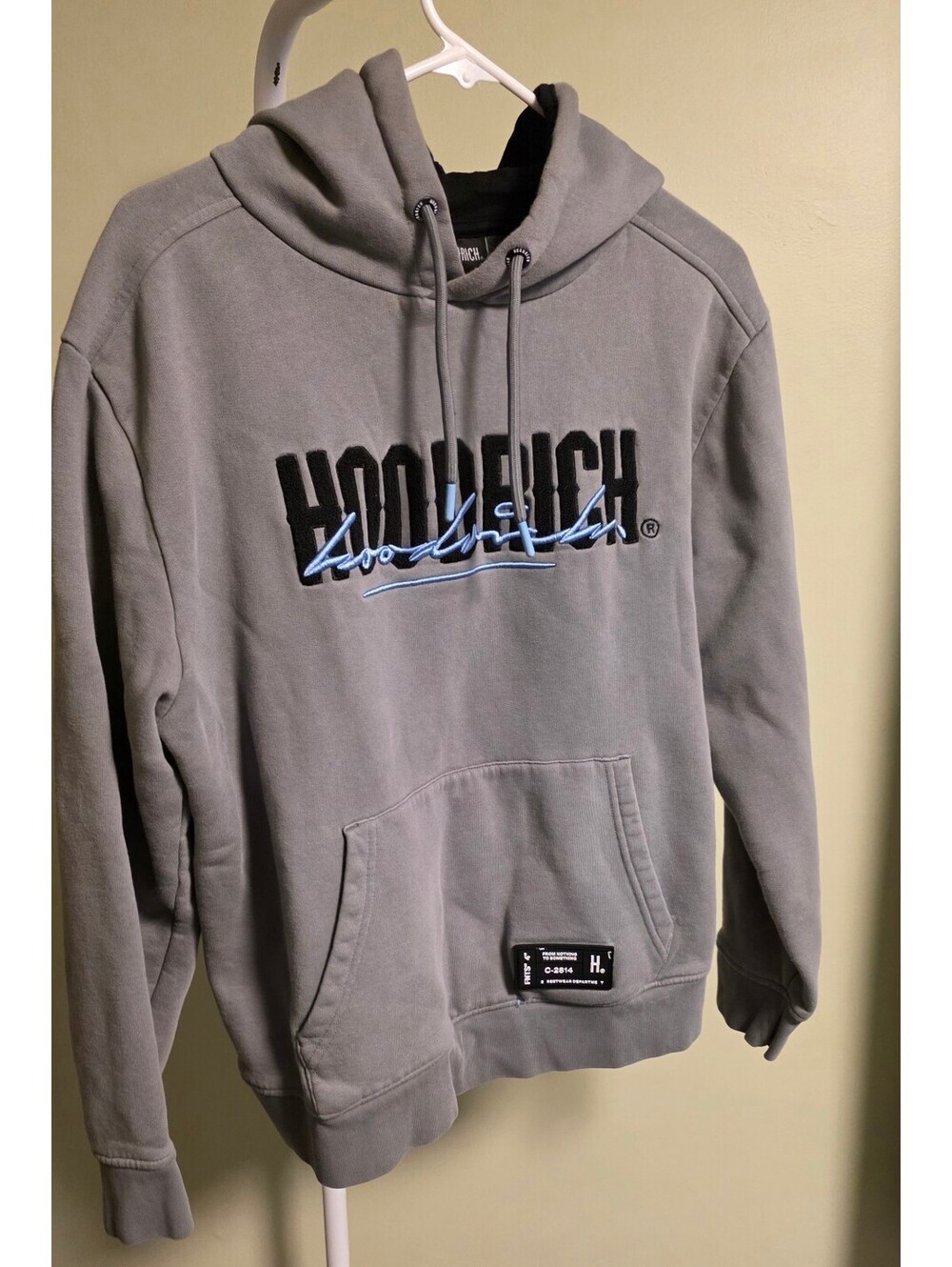 Hoodrich Grey Pullover Hoodie with Blue and Black Embroidery, Size L